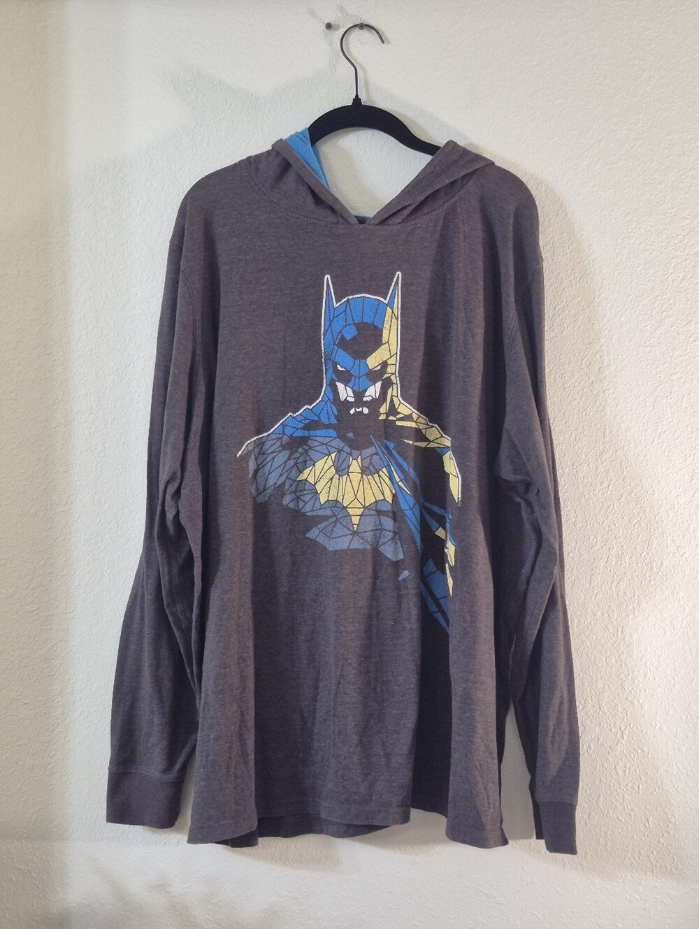 Batman Men's Gray Hoodie with Blue and Yellow Graphic